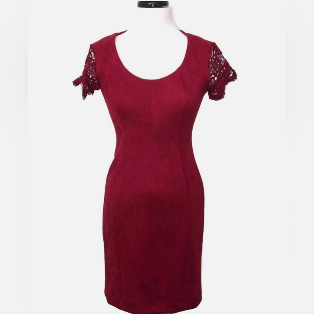 Deep Red Faux Suede Lace Sleeve Dress  NWOT size 10
